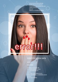 Concept of person identification. Girl covered her mouth with hands. Word ERROR. Blue background