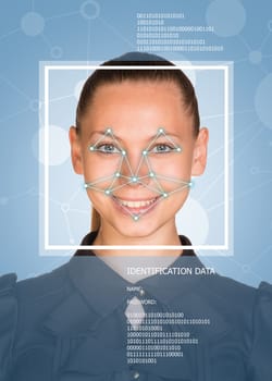 Concept of person identification. Woman in dress, looking at camera, smiling. Face with lines, frame and text. Blue background