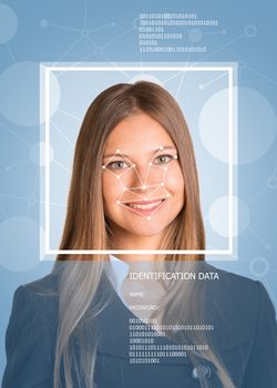 Concept of person identification. Girl face with lines, frame and text. Blue background