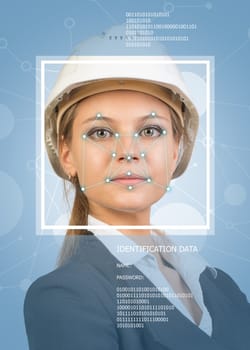 Concept of person identification. Beautiful builder in helmet. Face with lines, frame and text. Blue background