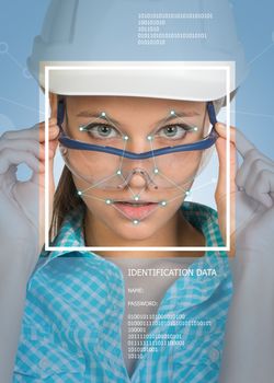 Concept of person identification. Beautiful builder in helmet and glasses. Face with lines, frame and text. Blue background
