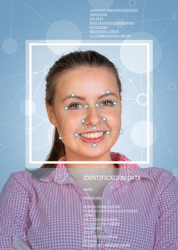 Concept of person identification. Girl face with lines, frame and text. Blue background
