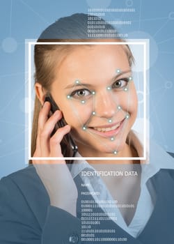 Concept of person identification. Woman using phone, smiling. Face with lines, frame and text. Blue background