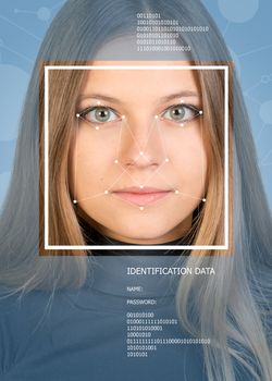 Concept of person identification. Girl face with lines, frame and text. Blue background