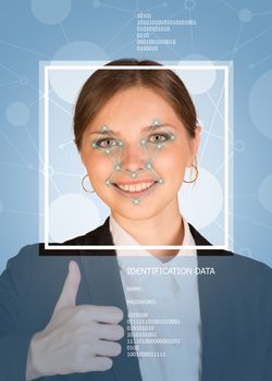 Concept of person identification. Business girl smiling and showing thumbs up. Face with lines, frame and text. Blue background