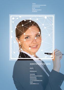 Concept of person identification. Business girl smiling and holding pen. Face with lines, frame and text. Blue background