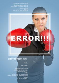 Concept of technology. Business girl in boxing gloves. Word error, frame and text. Blue background