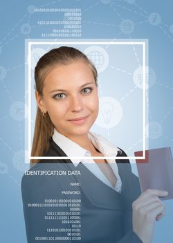 Concept of person identification. Woman in suit, holding passport, looking at camera, smiling. Frame and text. Blue background