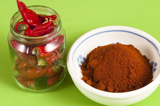 whole red hot chili peppers in a jar and ground