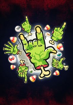 Cartoon Zombie Hands. Halloween poster, background or card.