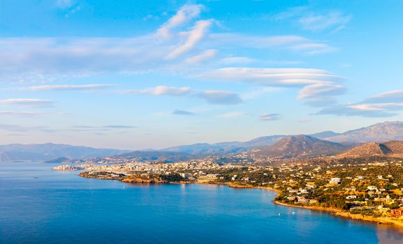 Panoramic view of the town of Agios Nikolaos and the Mirabello Bay. Crete, Greece. Agios Nikolaos is a picturesque town in the eastern part of the island Crete.