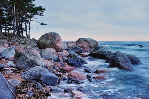 Picturesque landscape sea coast with boulders