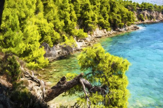 Rocky beach of alonissos at Sporades, Greece - Painting effect