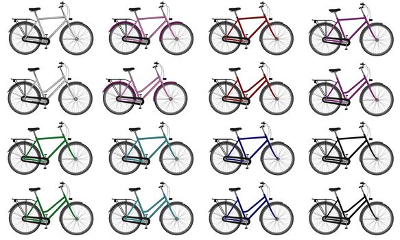 Set of colorful male and female bicycles isolated in white background - 3D render