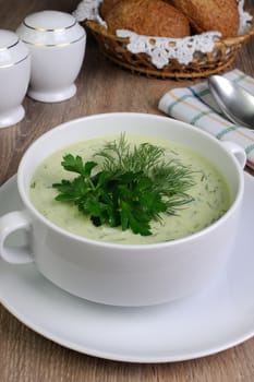 A bowl of soup with dill sauce and parsley on the table with croutons