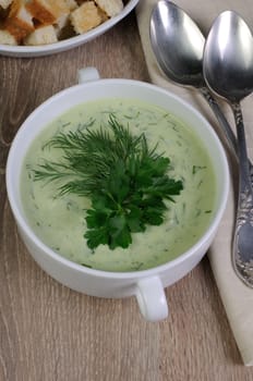 A bowl of soup with dill sauce and parsley on the table with croutons