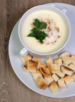 Plate of mushroom soup mashed spiced crispy bread croutons