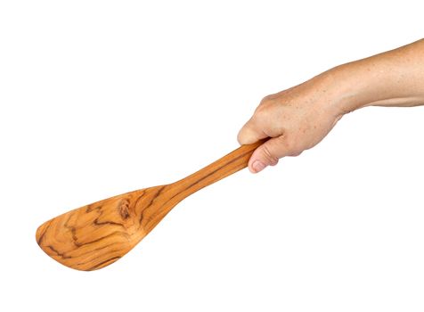 long-handle ladle made from teak in hand isolated on white background
