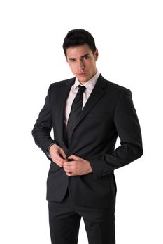 Handsome elegant young man with suit and neck-tie, isolated on white, looking at camera
