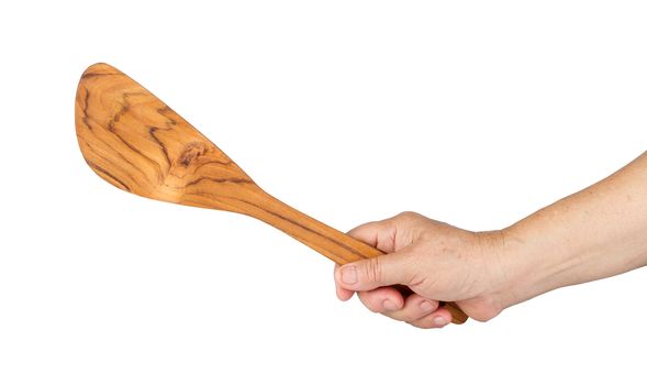 long-handle ladle made from teak in hand isolated on white background