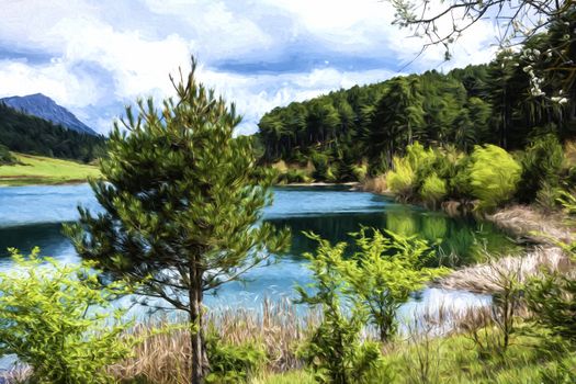 A blue lake under a cloudy sky - landscape. - Painting effect