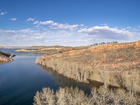 aerial view of Horsetooth Reservoir near Fort Collins Colorado, in early spring with high water level