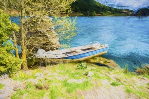 Fish Boat at a blue lake under a cloudy sky - landscape. - Painting effect