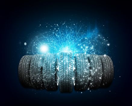 Car wheels. Abstract dark background is magic lines and stripes at center