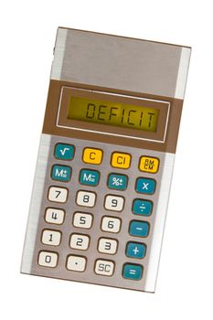 Old calculator showing a text on display - deficit