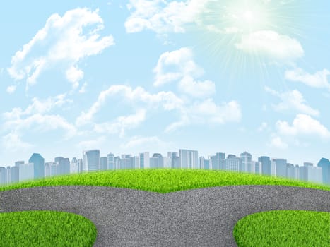 Road fork, green grass field and city. Sky with clouds in background