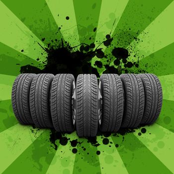 Car wheels. Abstract background is black blotches and green stripes at center