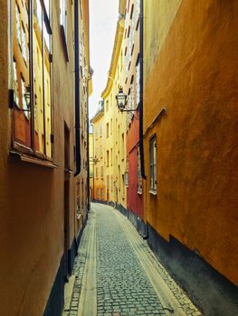 Narrow street in Gamla Stan, historic center of Stockholm.