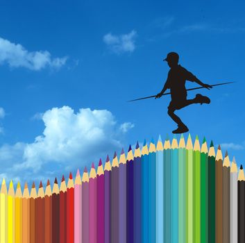illustration boy balancing on a pencil of color crayons