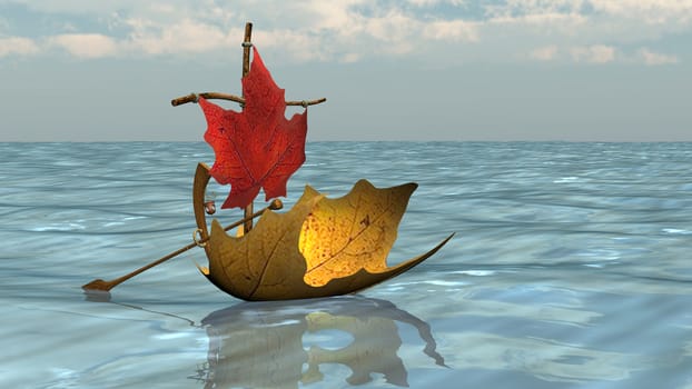 Boat from autumn leaves on the water surface - Illustration