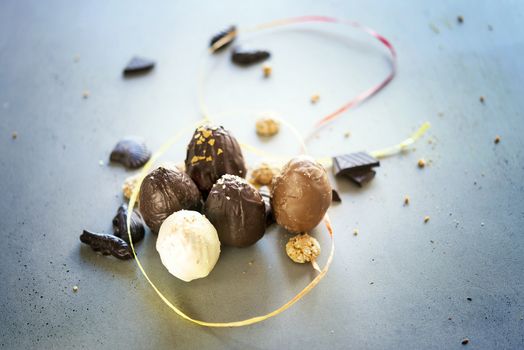 Easter eggs on wooden table. Holiday background