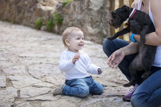 Cheerful little boy looking at dog in mother's hands