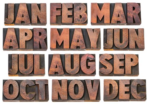 12 months from January to December - a collage of isolated 3 letter symbols in vintage letterpress wood type blocks