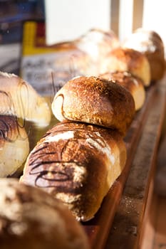 Roaf of breads in a bakery window