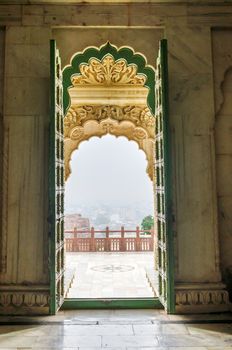 Entrance Gate of Jaswant Thada. Ornately carved white marble tomb of the former rulers of Jodhpur, India