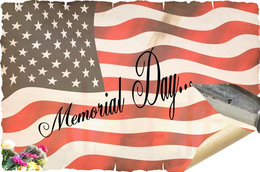 Map of Memorial Day. Old scroll and pen. Stars and stripes background.