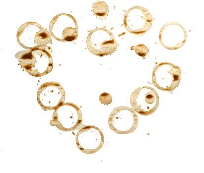 Lot of circle shape coffee stains on white background.