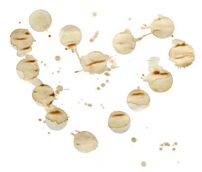 Lot of circle shape coffee stains on white background.