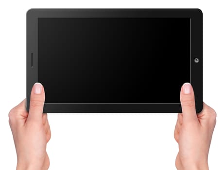 Modern computer tablet with hands screen size 16x9. Isolated on white background
