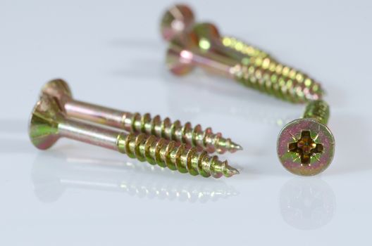 Six golden screws isolated on white background with reflection.