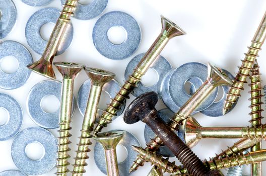 Mix of screws and washers isolated on white background.