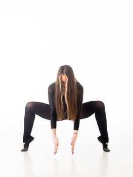 female dancer exercising dance choreography, on white background