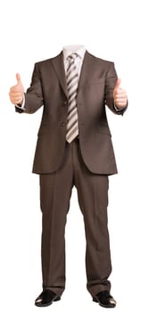 Businessman in suit without head, standing and showing thumbs-up. Isolated on white background