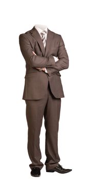 Businessman in suit without head, standing with crossed arms. Isolated on white background