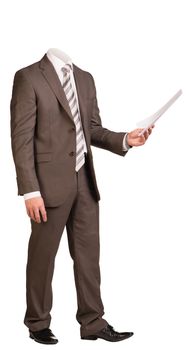 Businessman in suit without head, standing and holding empty paper sheet. Isolated on white background