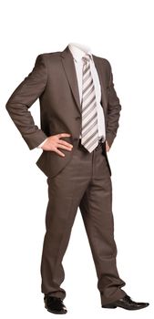 Businessman in suit without head, standing with hands on hips. Isolated on white background
